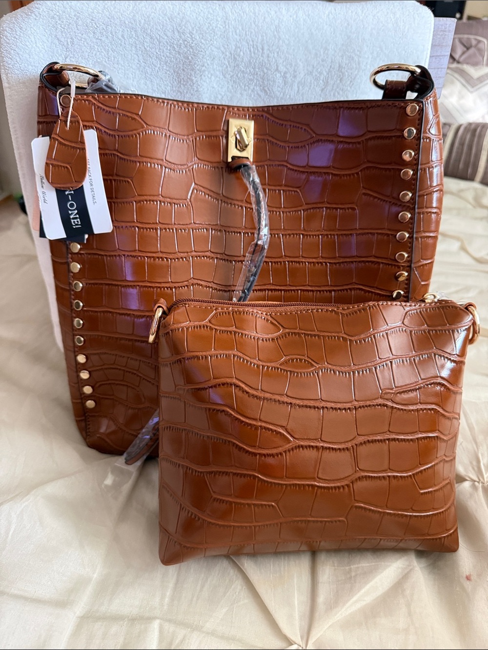 Faux-Croc Shoulder Tote with Matching Crossbody - Brown